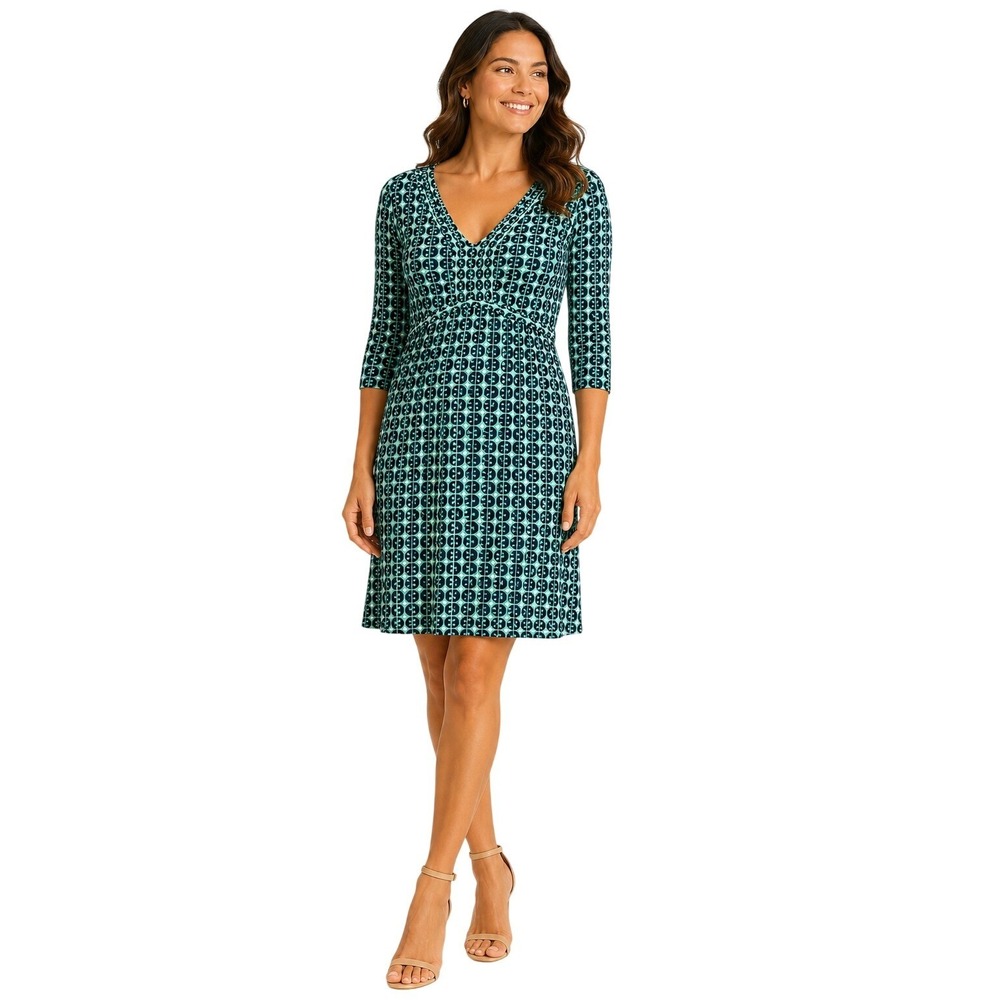 Boden Jersey Dress Womens 8R‎ Teal Navy Geometric V-Neck 3/4 Sleeve